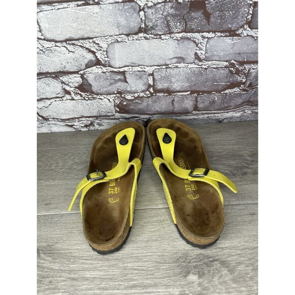 Birkenstock Gizeh Yellow Patent Leather Cork Slide Sandals Women Sz 37EU/6.5M US - Picture 7 of 16